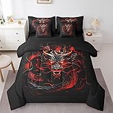 Castle Fairy Red Black Dragon Bed in a Bag Queen Size,Glowing Flame Dragon 7 Pieces Comforter Set for Kids Boys Men Adult,Wild Animals Cool Magical Style with Comforter, Sheet Sets and Pillow Cases