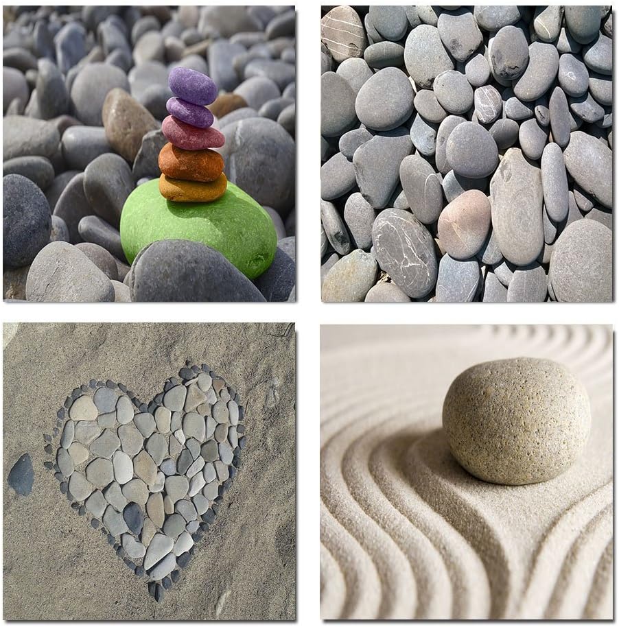 SimonfineUs Canvas Prints Wall Art Zen Garden Stone and Various Pebbles Modern Wall Decor Home Decoration Ready to Hang 4 panel 12x12inch