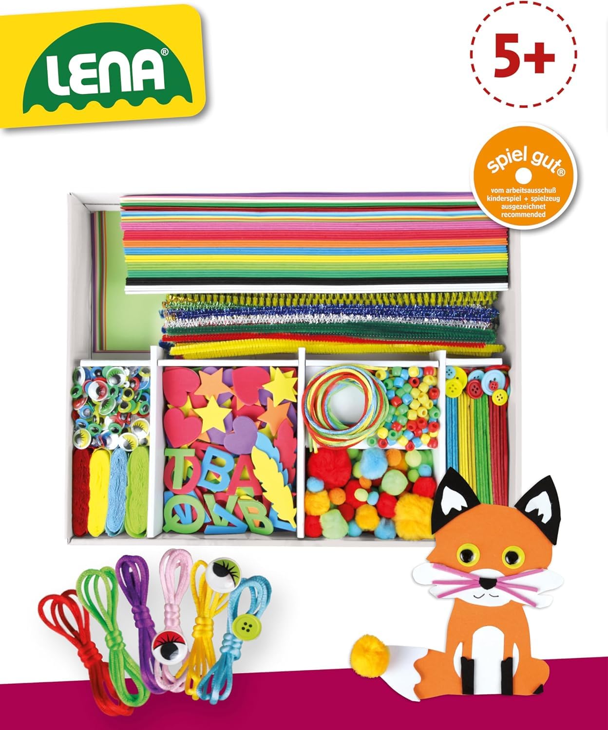Lena Jumbo Bastelkoffer mit 800 Teilen, Bastelset bestehend aus Papier, Moosgummi, Pfeifenreiniger, Strasssteine, Wackelaugen, Pompons und Knöpfe, in bunten Farben, geeignet für Kinder ab 5 Jahren 5
