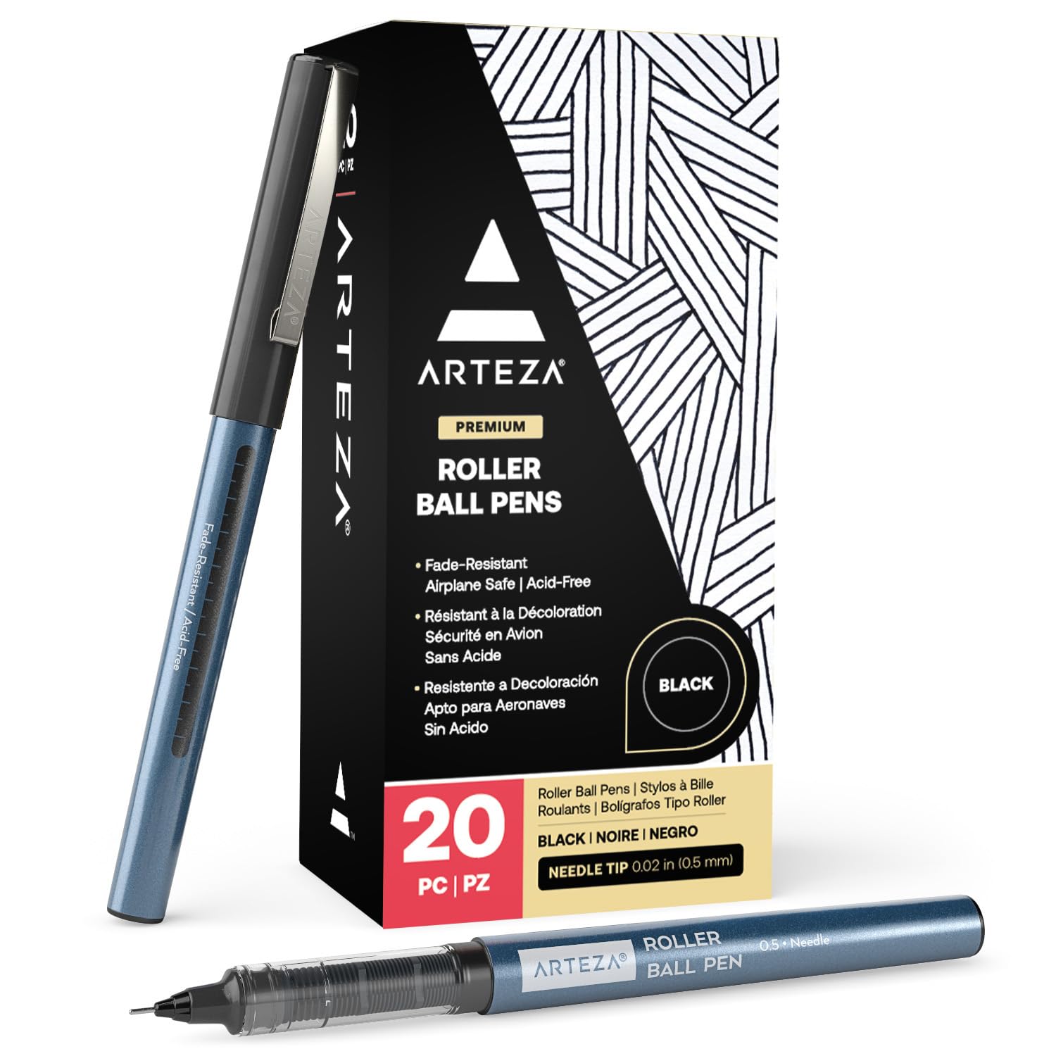 ARTEZA Rollerball Pens Fine Point, Set of 20 Black Liquid Ink, Extra Fine 0.5 mm Needle Tip Pen, Make Precise Lines for Writing, Notetaking, and Drawing