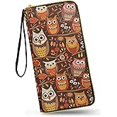 Jolamirel Owl Birds Travel Wallet for Women Cute Owls Print Large Capacity Wristlet Clutch Bag, Brown Long Zip Clutch Wallets for Women Coin Purse