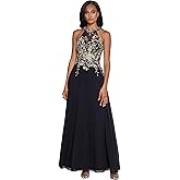 Betsy & Adam Women's Long Embroidered Halter Chiffon Gown