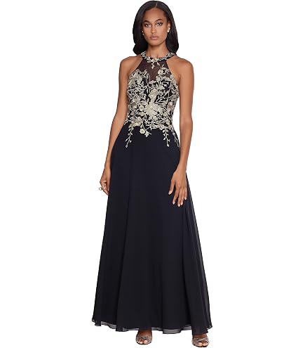 NIGHTWAY Women's Sparkly Lace Halter Neck Evening Gown | Elegant Scalloped Bodice
