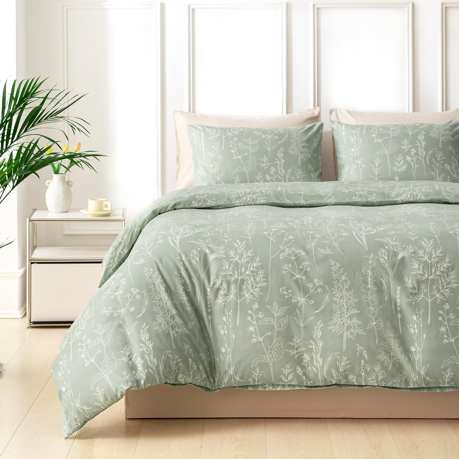 Tokokimo Sage Green Double Duvet Set - Double Bedding Set, Floral Bedding Double Bed Set with 2 Pillowcases, Soft Microfiber Double Duvet Cover 200x200 cm