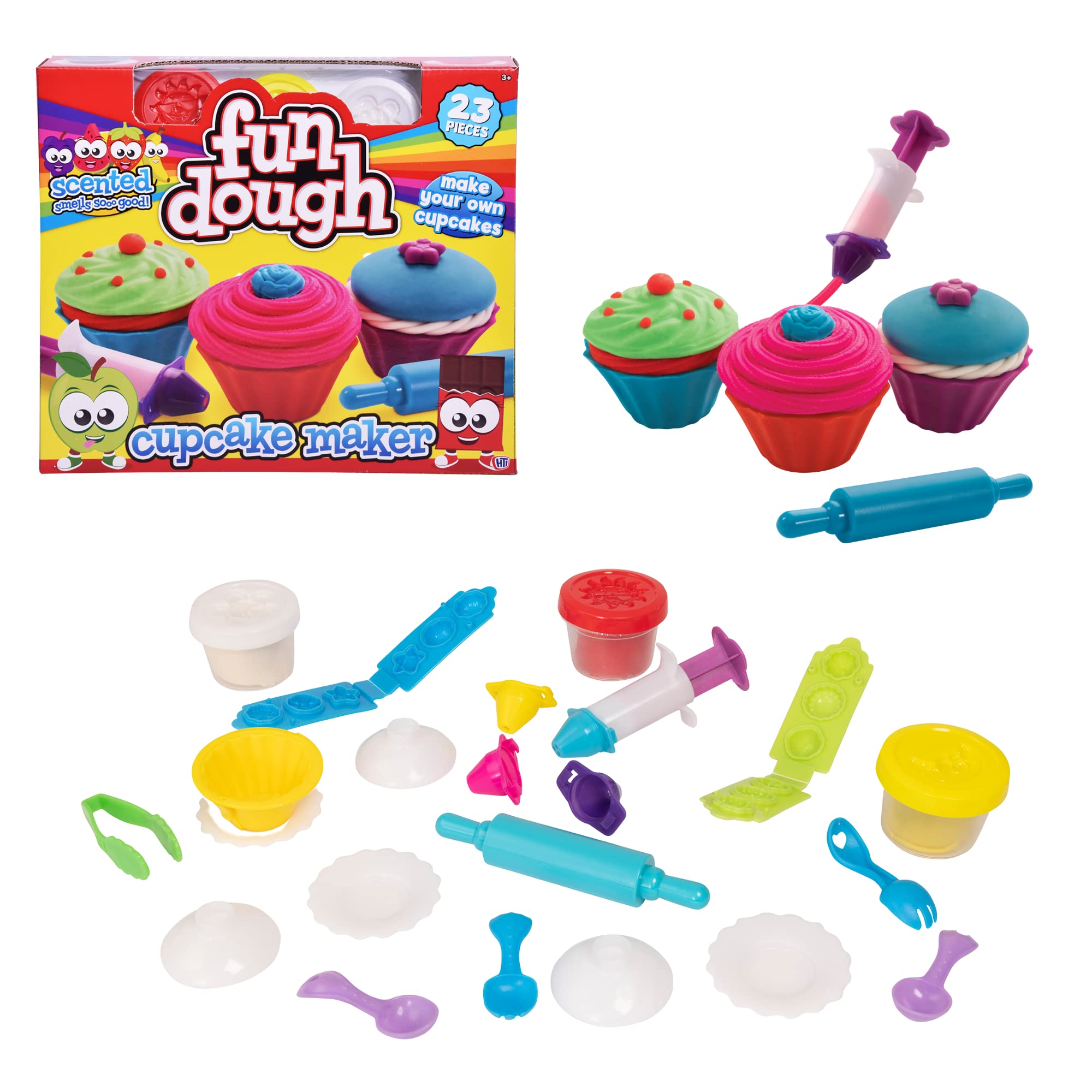 Fun Dough Cupcake Maker Craft Kit | 23 Piece Play Dough Modelling Set | Create Your Own Cupcake Kit | Includes 3 Colours & Playdough Tools And Cutters | Arts And Craft Kits For Kids | Ages 3+