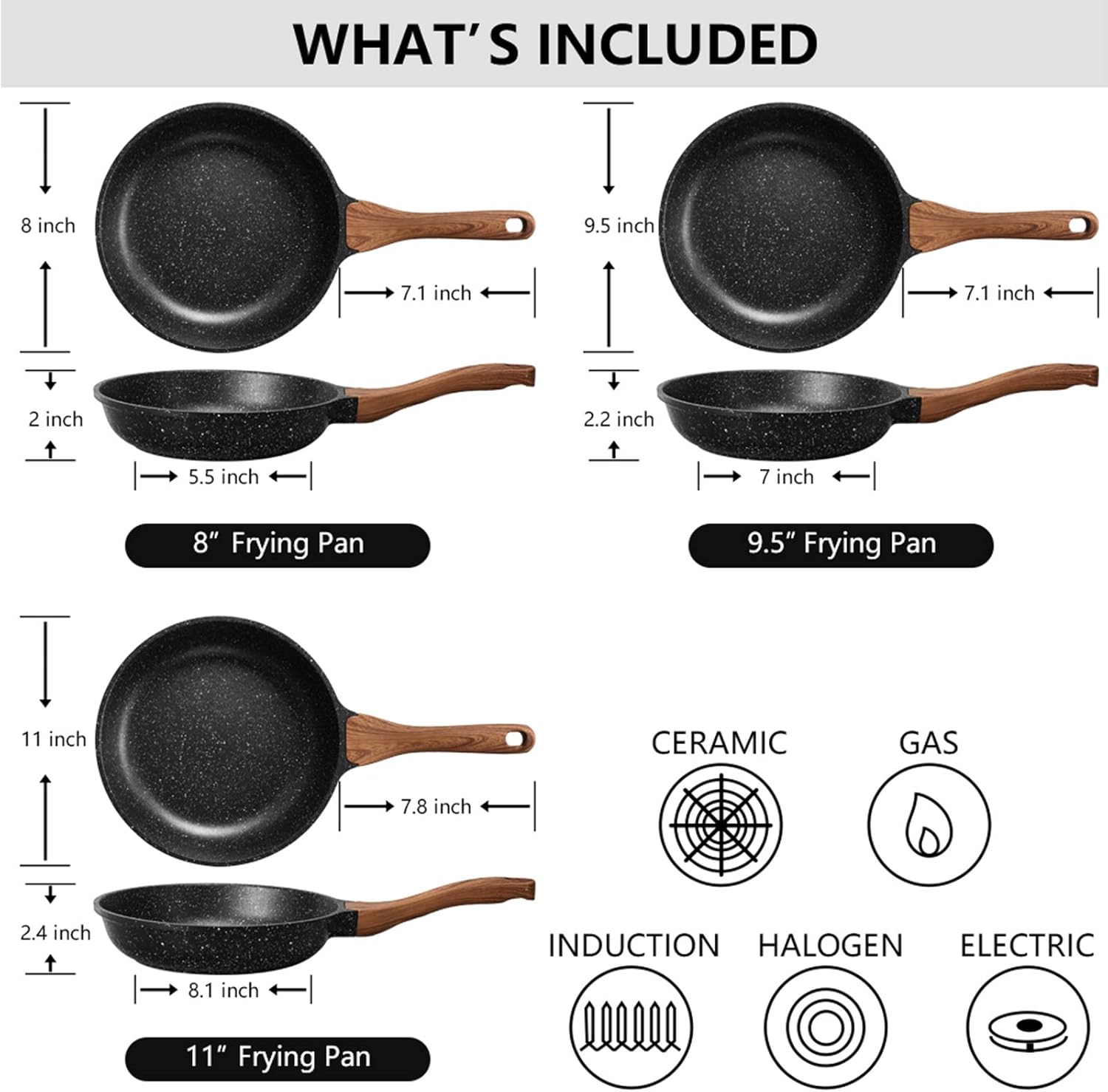 ESLITE LIFE Frying Pan Set Nonstick Skillet Set Induction Compatible With Granite Coating 3 Piece, 8 Inch, 9.5 Inch and 11 Inch: Kitchen & Dining