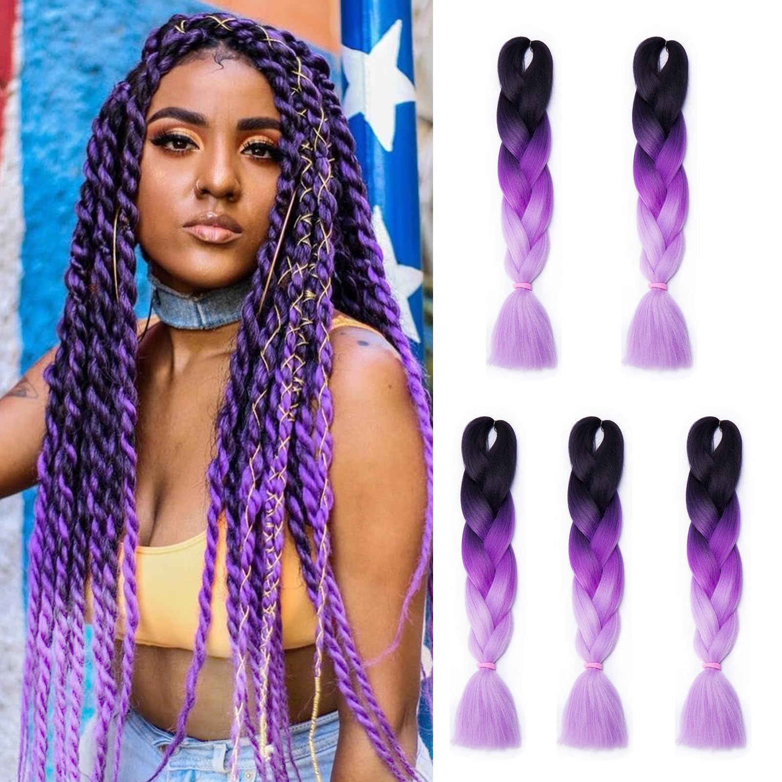 Silk-co 5Bundles 24inch Jumbo Braiding Hair Extensions Afro Box Braids Ombre Synthetic Weaving Hair -Purple ombre
