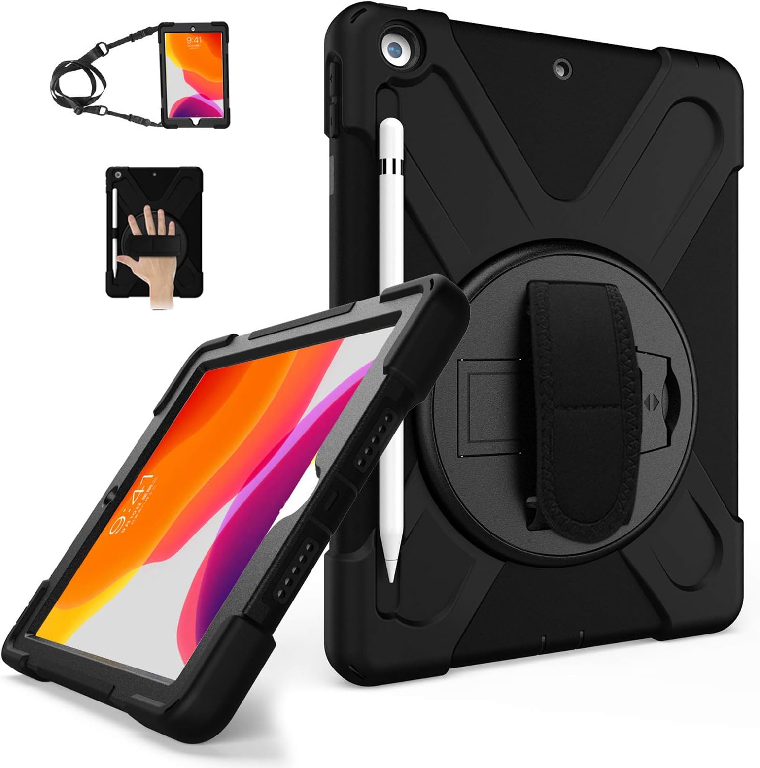 TSQ iPad 10.2 Case 2021/2020/2019 w/Pencil Holder | TSQ iPad 9th/8th/7th Generation Case Heavy Duty Shockproof Durable Protective Case w/Stand Hand Shoulder Strap for iPad 7th/8th/9th Gen,Black