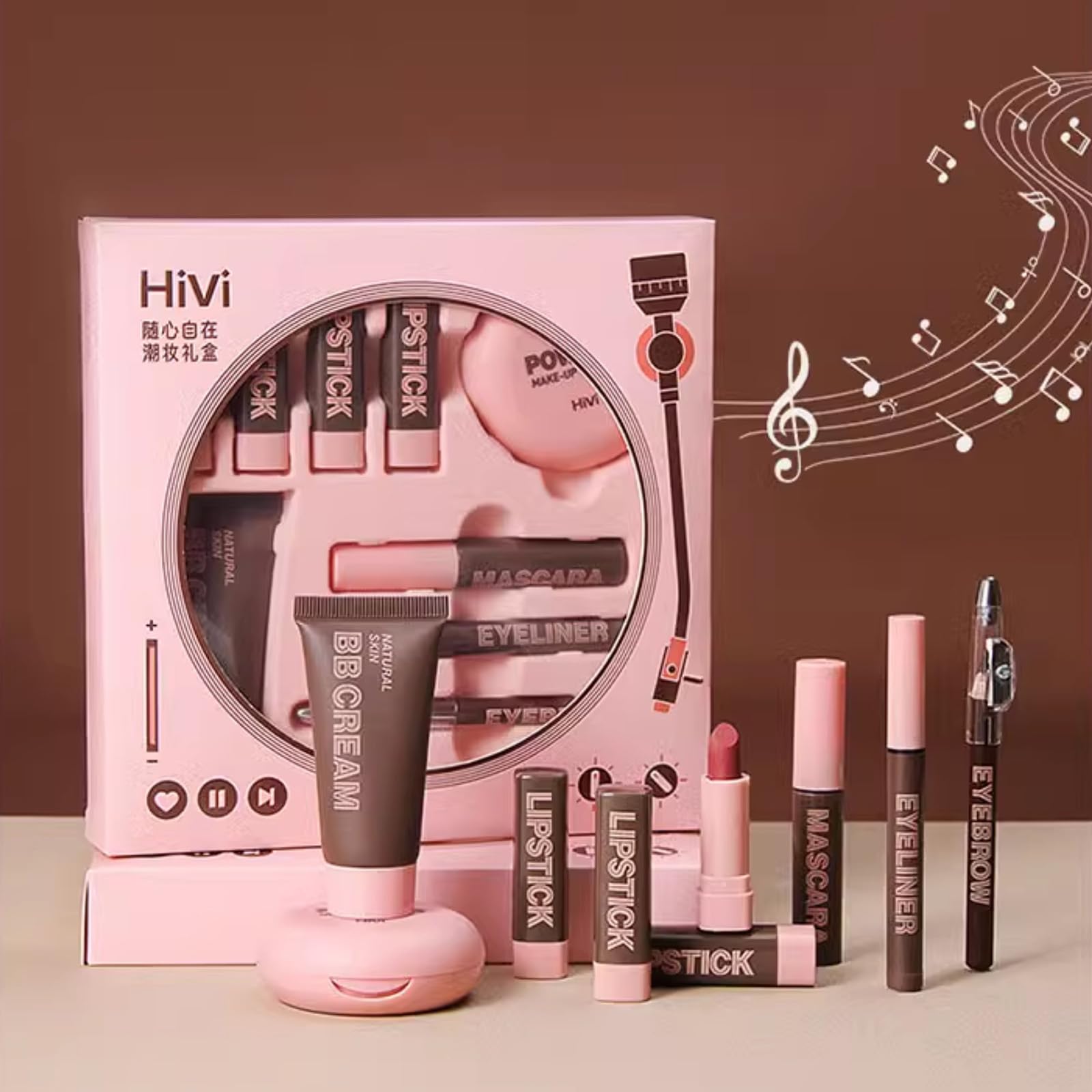 HiVi Makeup Set, Cosmetics Set, 9 Piece Set (1 x Foundation, 1 x Compact Powder, 1 x Eyeliner, 1 x Eyebrow Pen, 1 Mascara, Lipstick x 4), Full Beauty Makeup Set, Long Lasting, Makeup Set, Beginners,