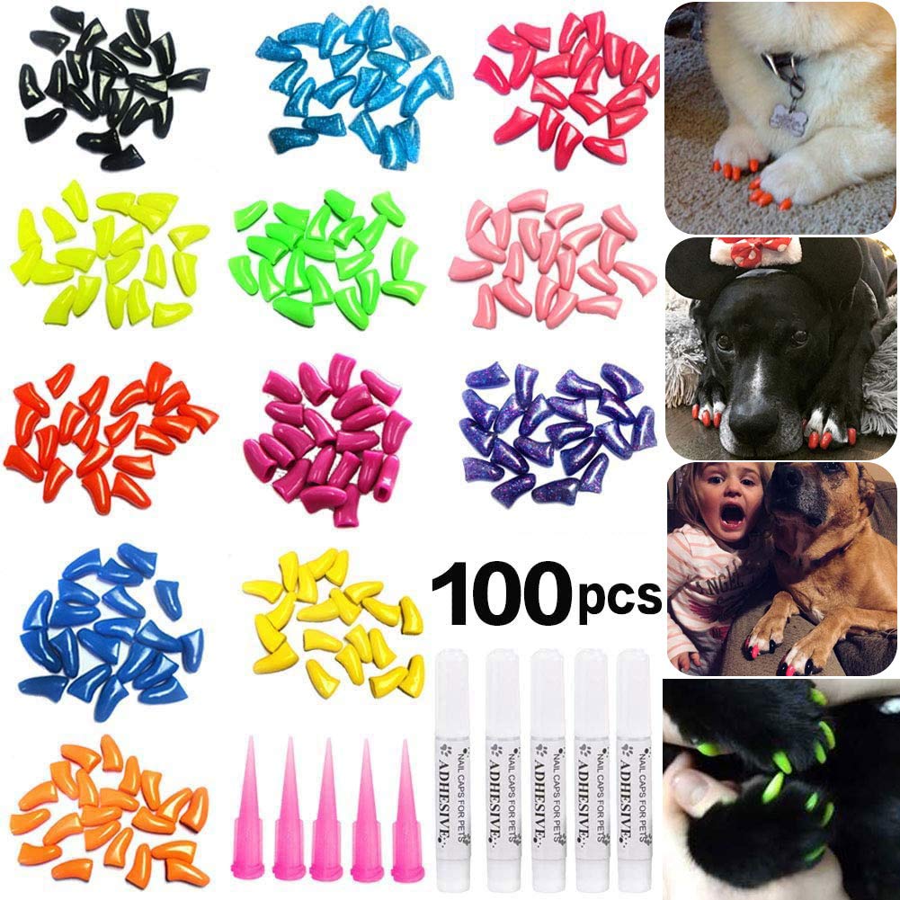 JOYJULY 100pcs Pet Puppy Dog Nail Soft Claw Paws Covers Caps, Control Paws Claws Covers of 5 RANDOM+ 5 Adhesive Glue,XL