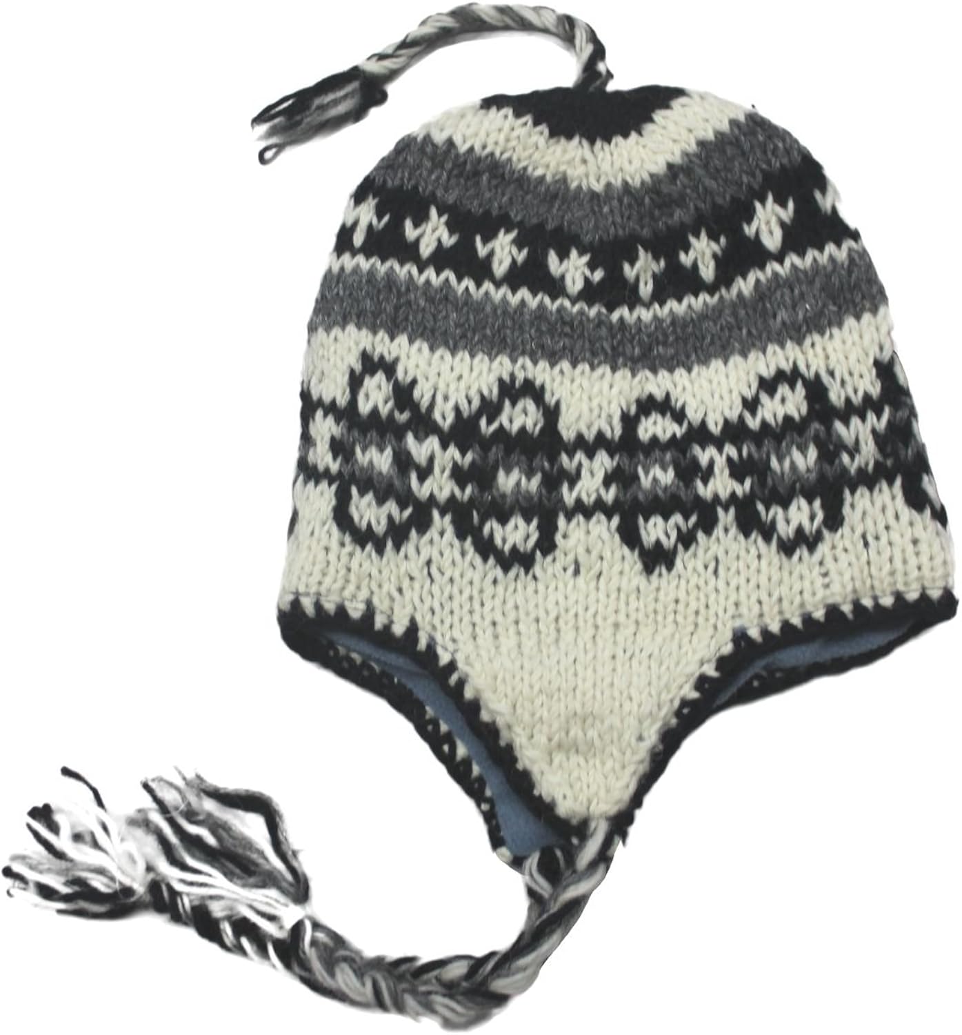 Sherpa Designs Hand Knit Unisex Wool Beanie Hat Ear Flap Fleece Lined Nepal (Black Gray): Clothing