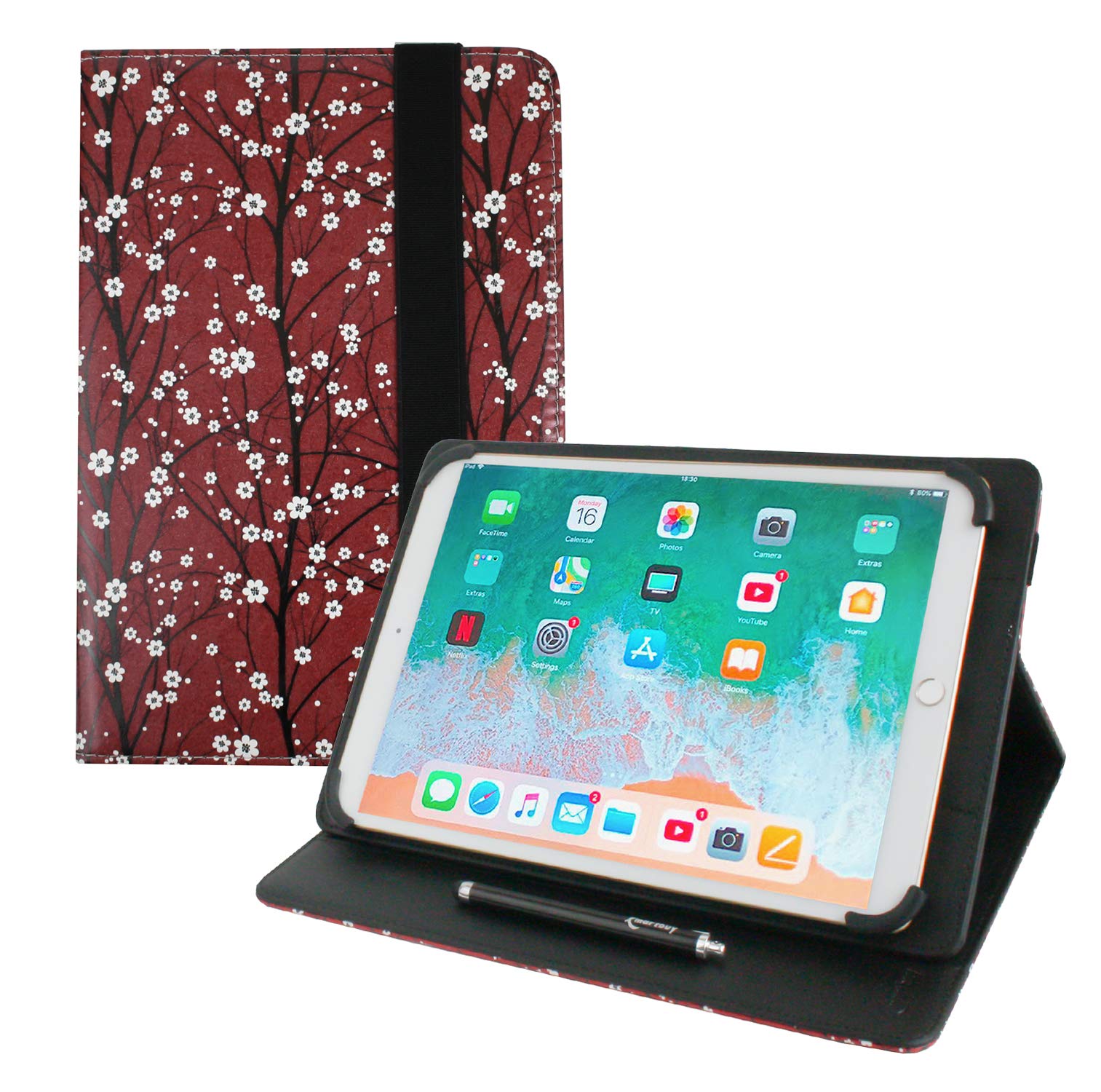 Emartbuy Universal 10-11.5 Inch Red Flower Multi Angle Folio Wallet Case Cover With Card Slots and Stylus Pen Compatible With Selected Devices Listed Below