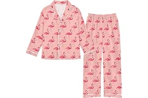 KUEJOP Gorgeous Flamingo Pattern Satin Pajama Set, Cute Button-Down Sleepwear Pj Set for 5-14Y