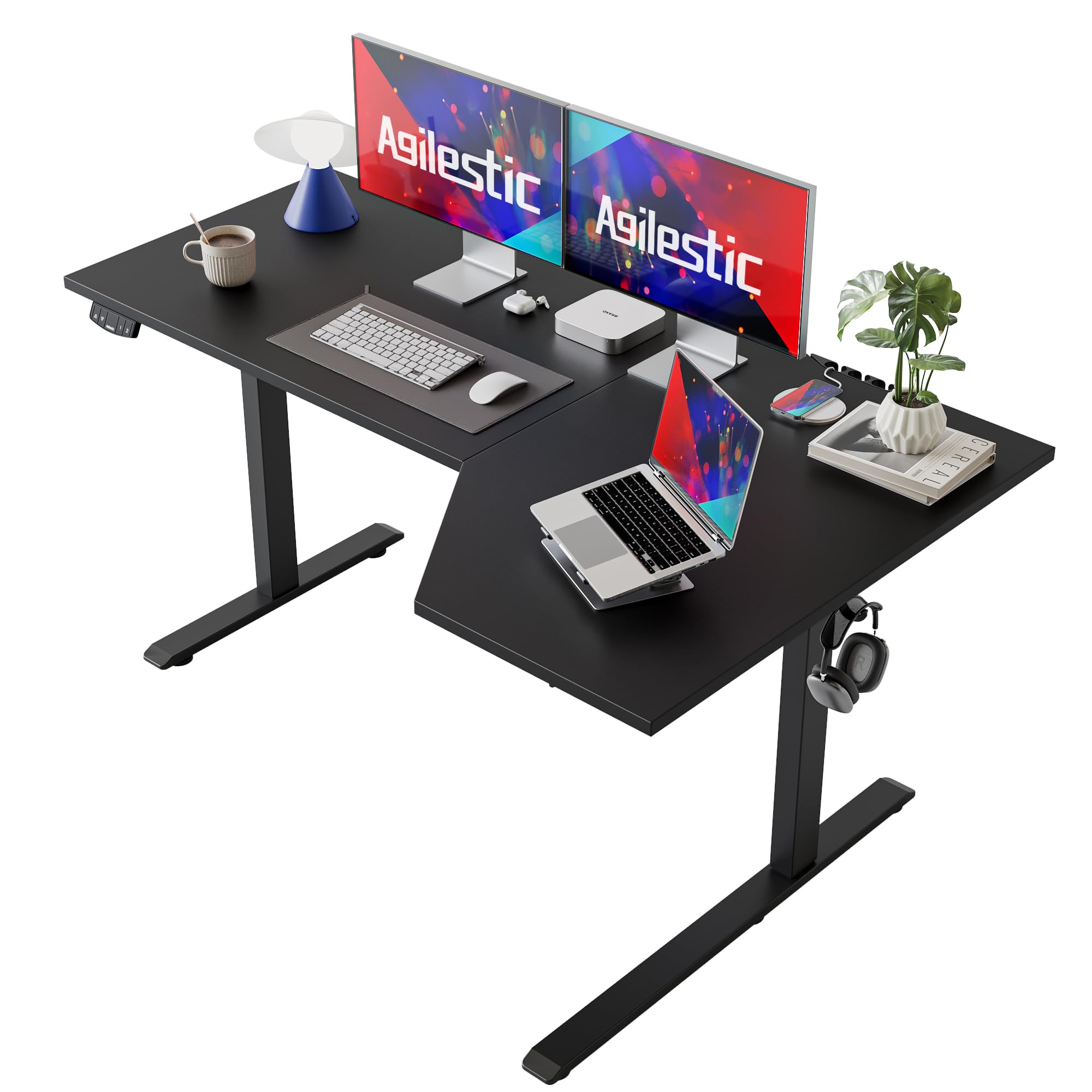 Photo 1 of Agilestic Electric Standing L-Shaped 59 Inches Height Adjustable Desk, Sit and Stand up Desk for Work Office Home, Ergonomic Rising Computer Table for Home Office with Splice Board, Black