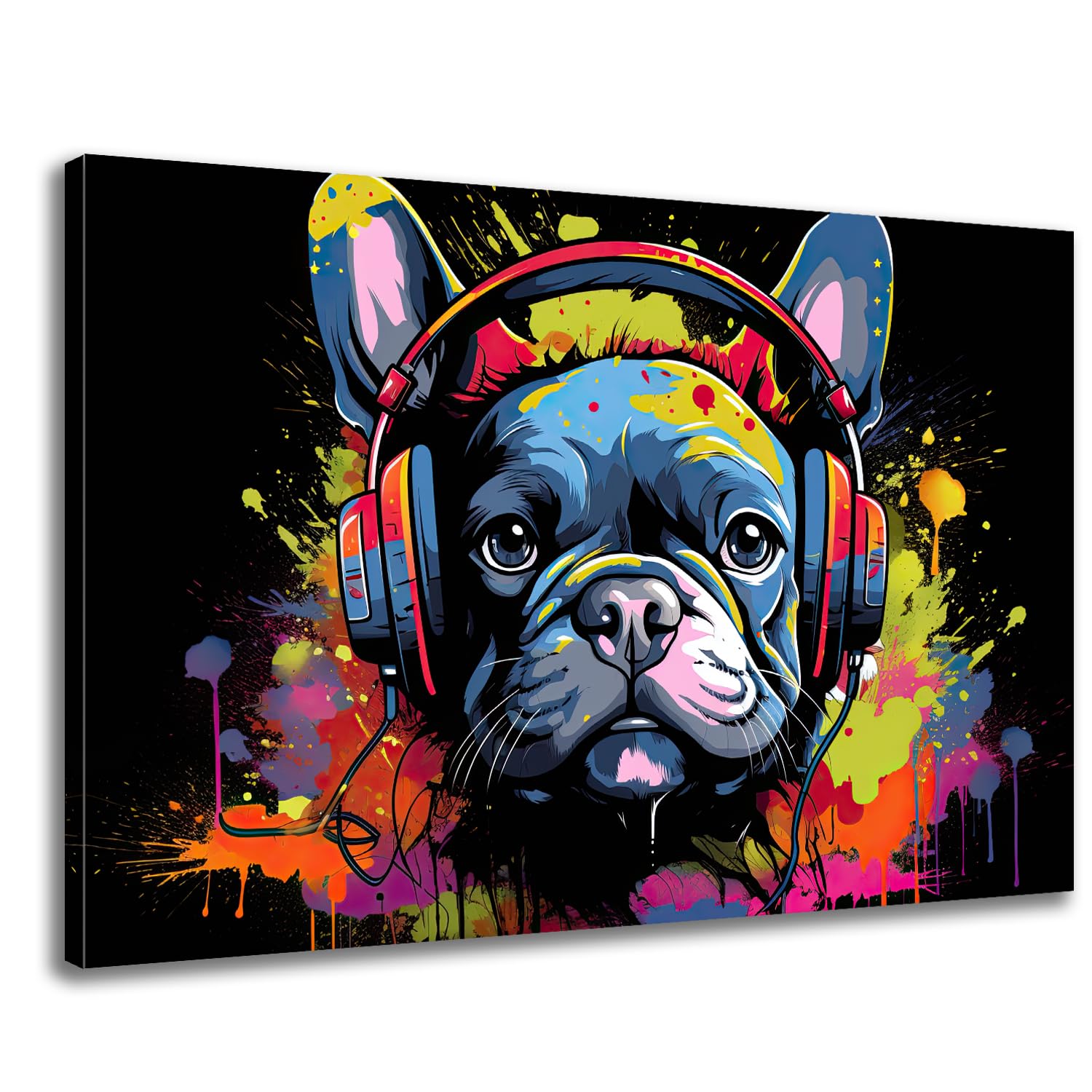 GLOKAKA Hip-Hop Dog Graffiti Wall Art,Kids Room Wall Decor,Funny Colorful Animal Picture Print,French Bulldog with Headphone Pop Art,Bedroom,Bathroom Wall Decor Painting-18 x12