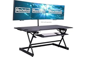 Rocelco 46" Height Adjustable Standing Desk Converter - Desktop AC USB Charger - Sit Stand Up Triple Monitor Riser - Tall Computer Workstation - Retractable Keyboard Tray - Black (R DADRB-46-ACUSB)