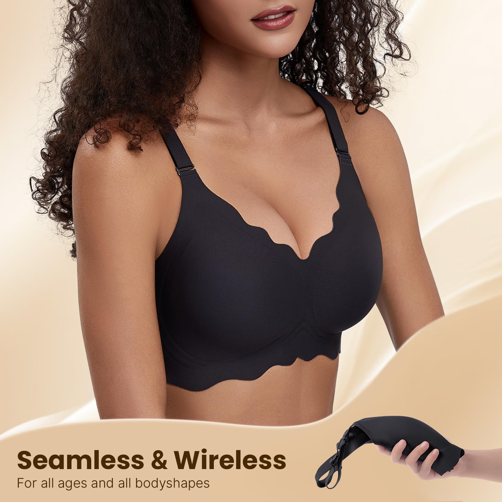 PQK Bras No Underwire for Women Comfortable Wireless Seamless T Shirt Bras Wavy Edge Full Coverage Push Up Bra (Size S Black)