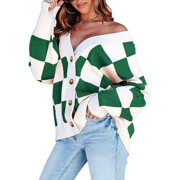 thumbnail image 2 of Women's Oversized Checkered Cardigan – Color Block Plaid Open Front Knit Jacket – Long Sleeve Casual Coat 2 of 14