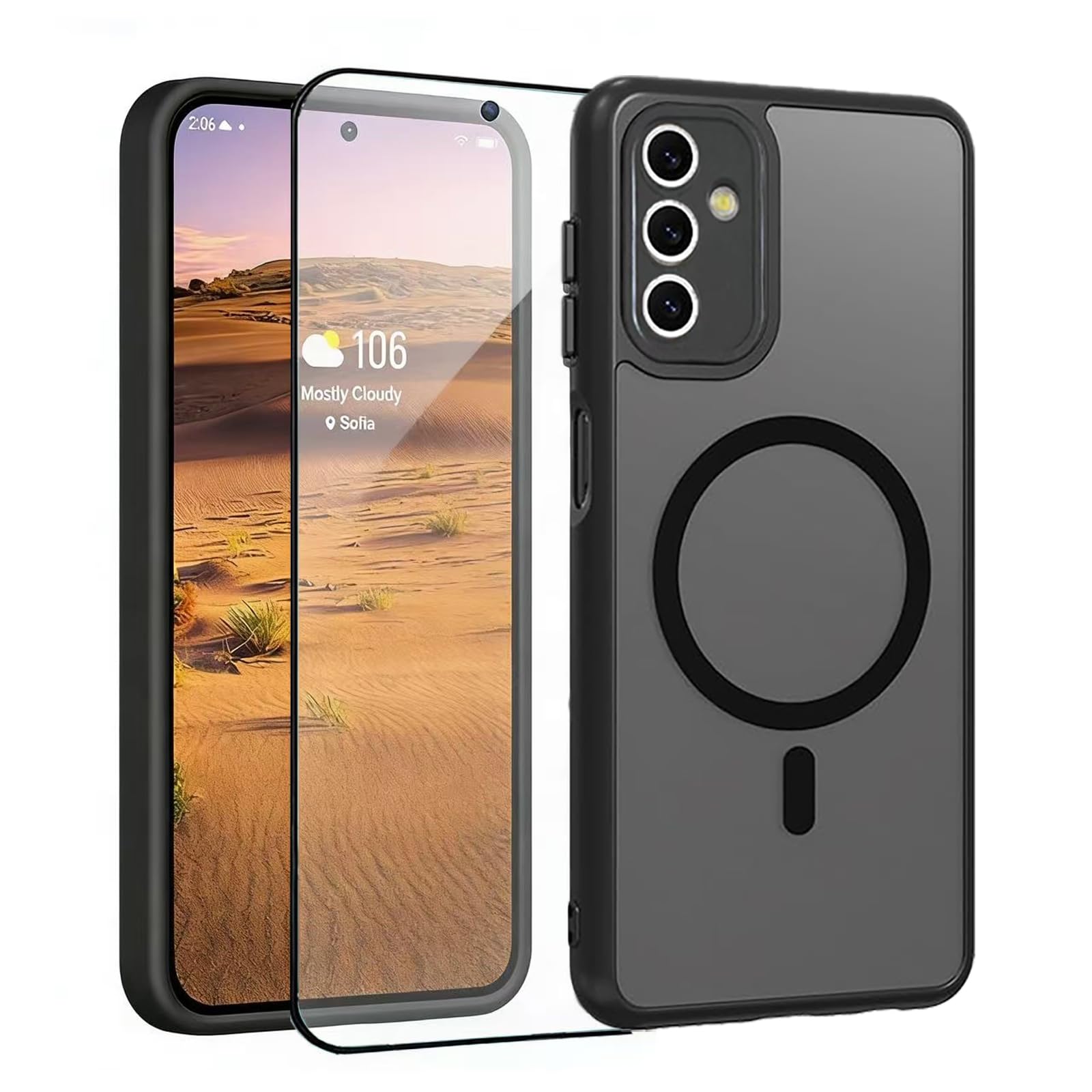 Magnetic for Samsung Galaxy A13 5G Phone Case with Screen Protector, Translucent Matte Military-Grade Shockproof Protective Anti-Scratch Full Camera Protection Cover Case for Galaxy A13 6.5in (Black)