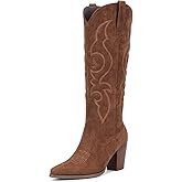 Pasuot Suede Cowboy Boots for Women - Western Knee High Cowgirl Boots with Side Zipper, Retro Pointed Toe Tall Block Heel Pull On Long Boot for Ladies Fall Winter Rodeos Concert Festival Daily