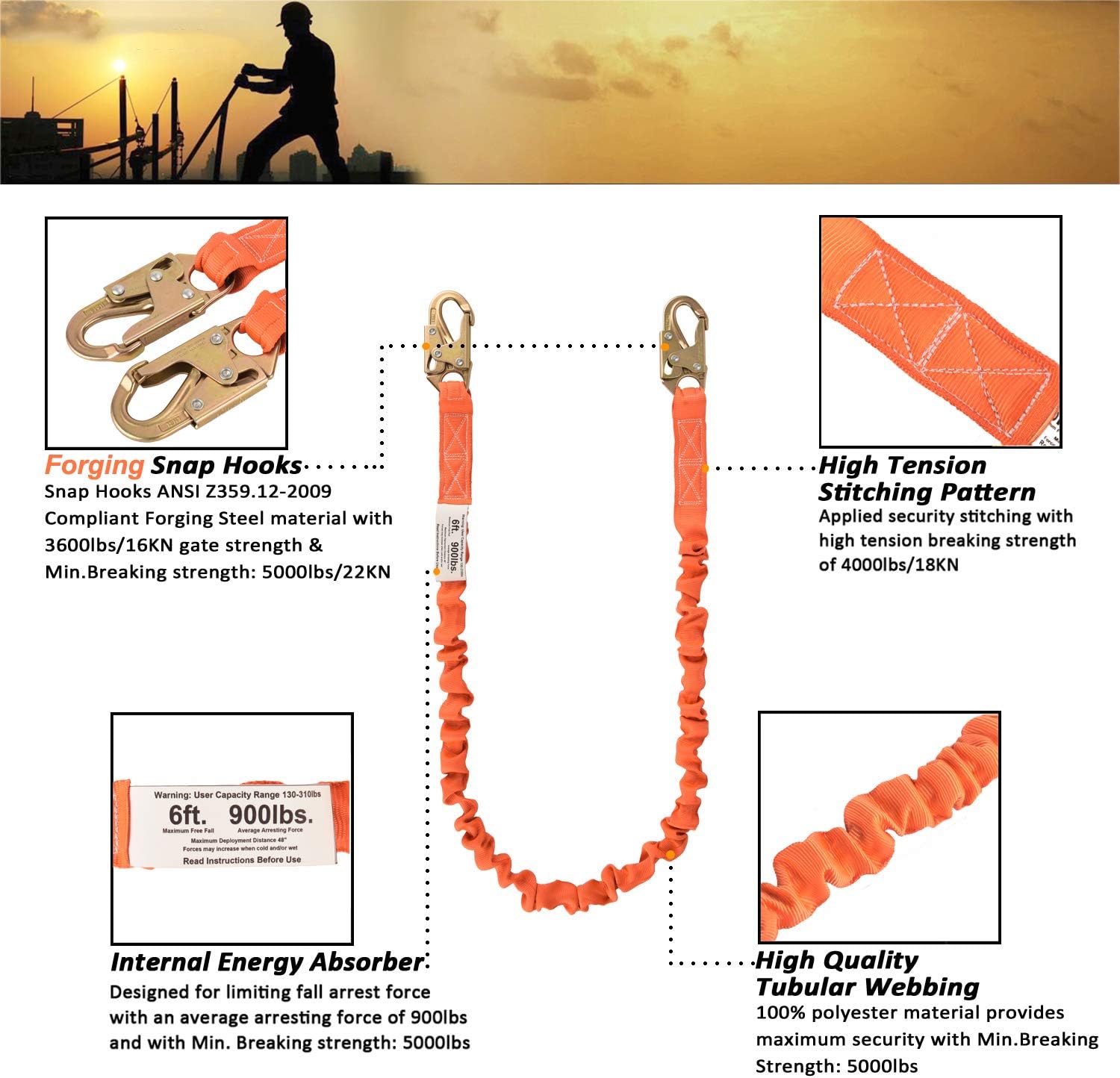 WELKFORDER 6-Foot Internal Shock Absorbing Safety Lanyard with Double Forging Snap Hook Connectors ANSI Z359.13-2013 Compliant Fall Protection Equipment (1 Pack) - - 