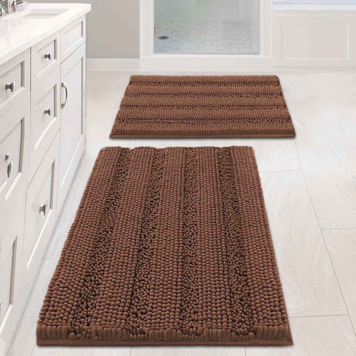 Photo 1 of H.VERSAILTEX 2 Piece Bathroom Set Extra Thick Chenille Striped Pattern Bath Rugs for Bathroom Non Slip Soft Plush Shaggy Bath Mats for Floor(Caramel, 32 x 20 Plus 24 x 17 - Inches)