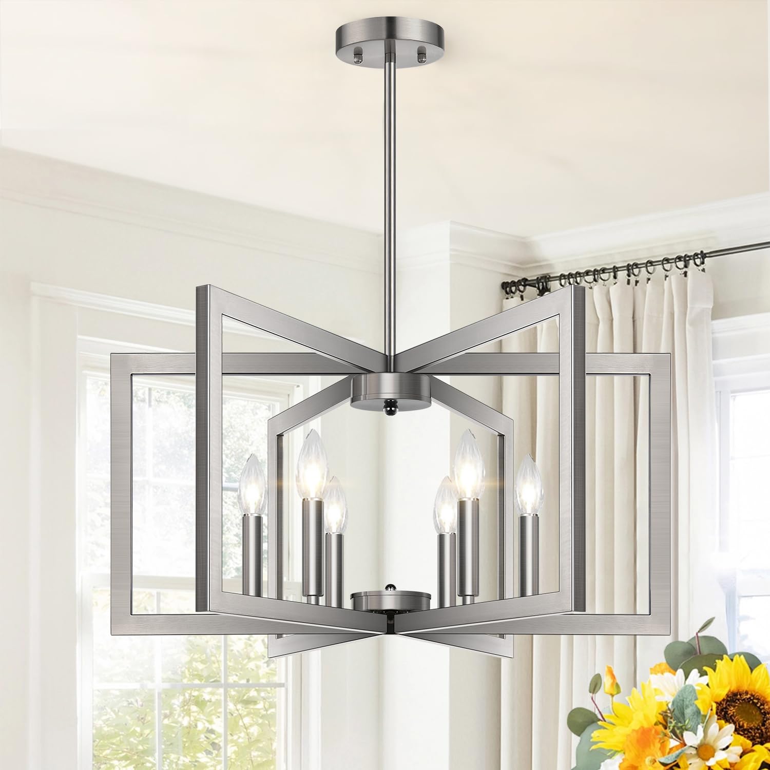 Photo 1 of 25" Modern Brushed Nickel Chandelier for Dining Room (6-Light, 25-Inch), Geometric Dining Room Light Fixture Over Table, Industrial Metal Hanging Pendant Lights for Kitchen Island, Entryway, Foyer