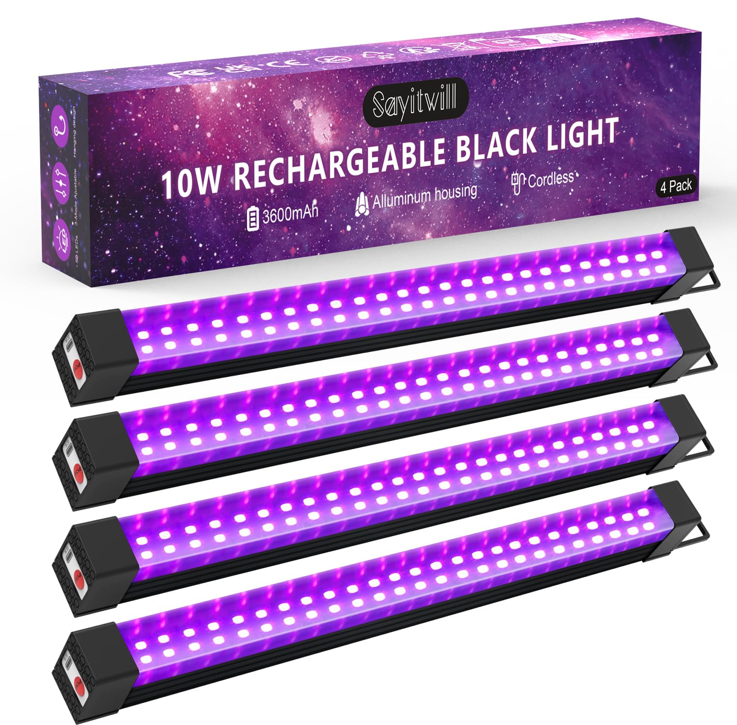 Photo 1 of Rechargeable Black Light Bar 4 Packs, Battery Powered Black Lights for Glow Party, Cordless UV Strip Lights with On/Off/Dimma/Flash Switch, for Neon,Uranium Glass, Classroom,Paint, Poster,Stage