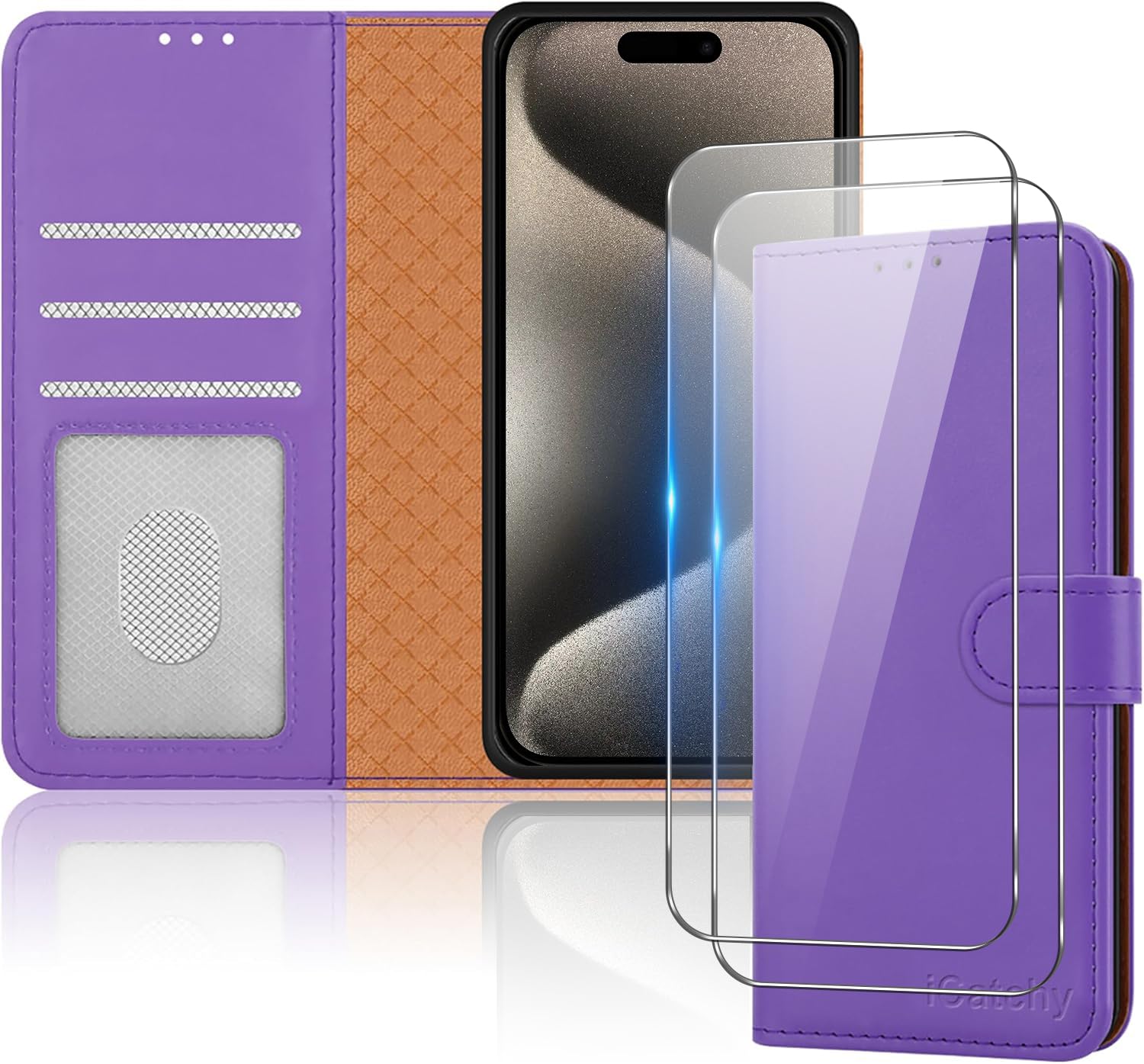 iCatchy for iPhone 15 Pro Max Case with 2x Screen Protector Leather Magnetic Flip Cover Card Holder Kickstand Feature Full Protection Phone Cover Compatible with iPhone 15 Pro Max (Lilac)