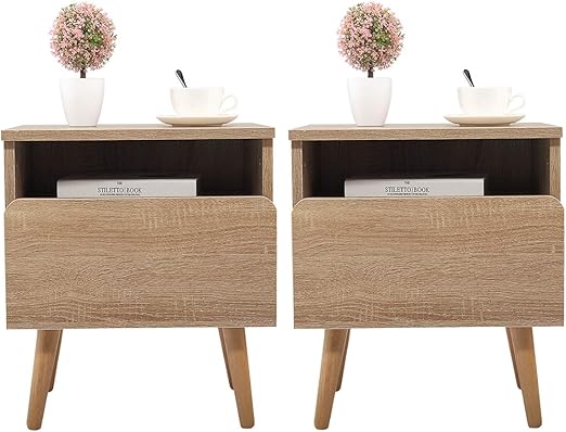 Amazon Com Jaxsunny Set Of 2 Nightstand Mid Century Bedside Table For Bedroom Living Room Side Table With Open Shelf And Big Drawer Natural Wood Storage Kitchen Dining