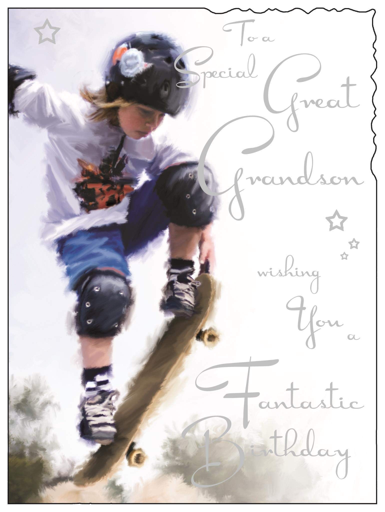 Jonny Javelin Great Grandson Birthday Card - Boy On Skateboard 7.25" x 5.5"