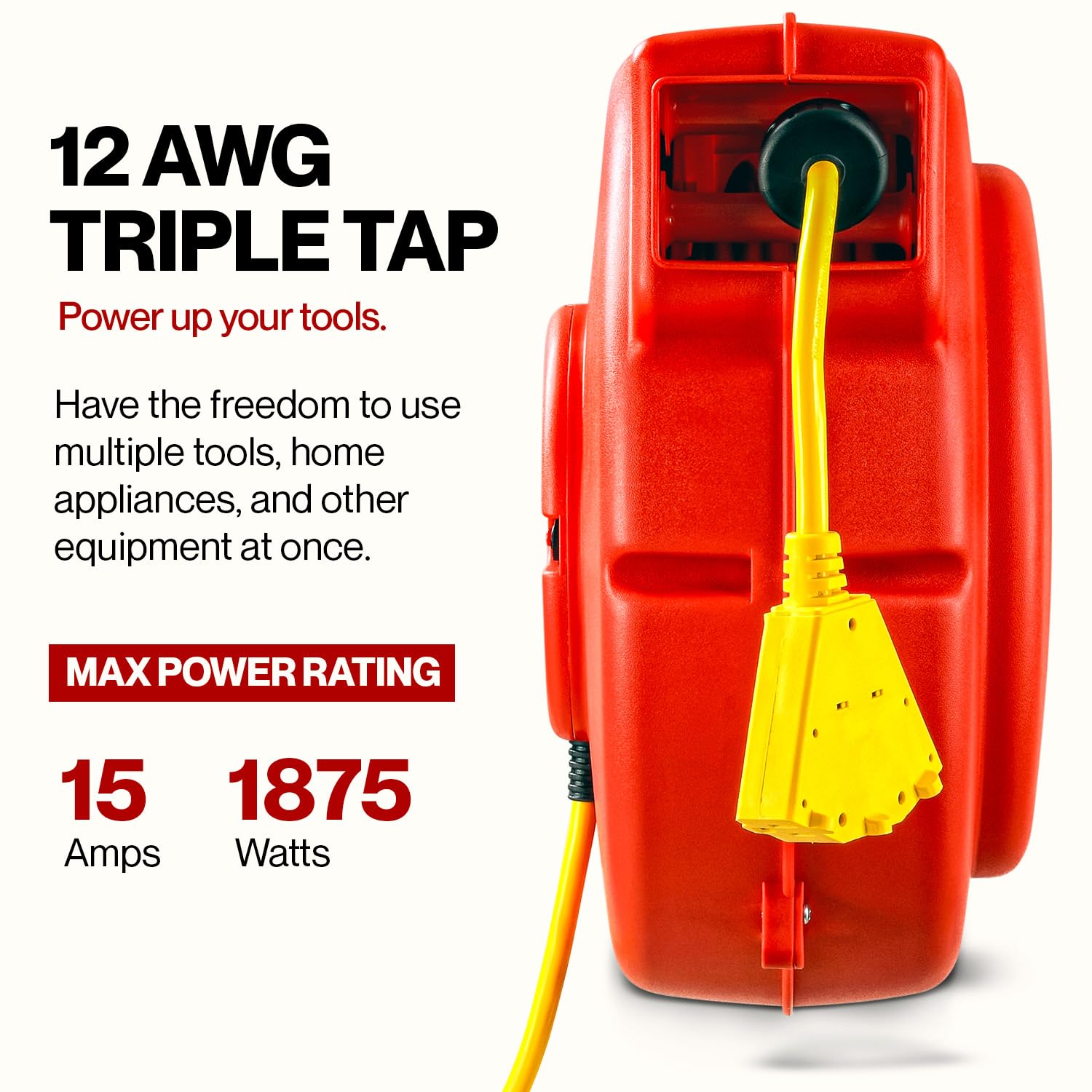 ReelWorks Extension Cord Reel Retractable 12AWG x 65' Foot 3C/SJT Heavy Duty Commercial Cable Triple Tap Connector Power 15A 125VAC 1875W