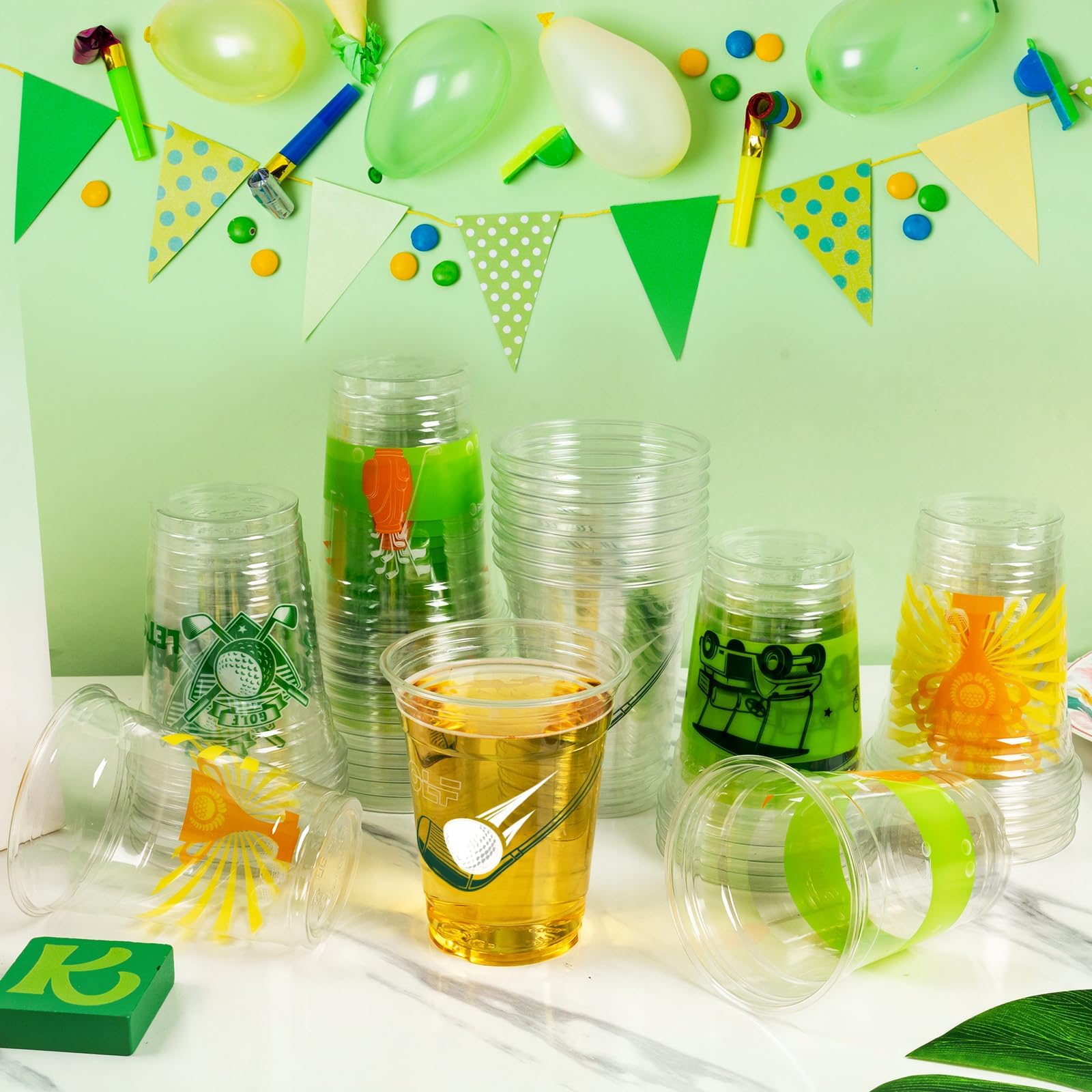 50 Pack Golf Ball Party Cups - 12oz Clear Plastic Drinking Cups, Green Disposable Masters Golf Birthday Bachelor Party Decorations Supplies