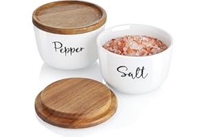 DAYYET Salt and Pepper Bowls, 10 oz Salt Cellar with Lid, Stacked Ceramic Salt Pepper Container with Acacia Wood Lid, Salt Box for Countertop, Modern Kitchen Decor, Set of 2, White