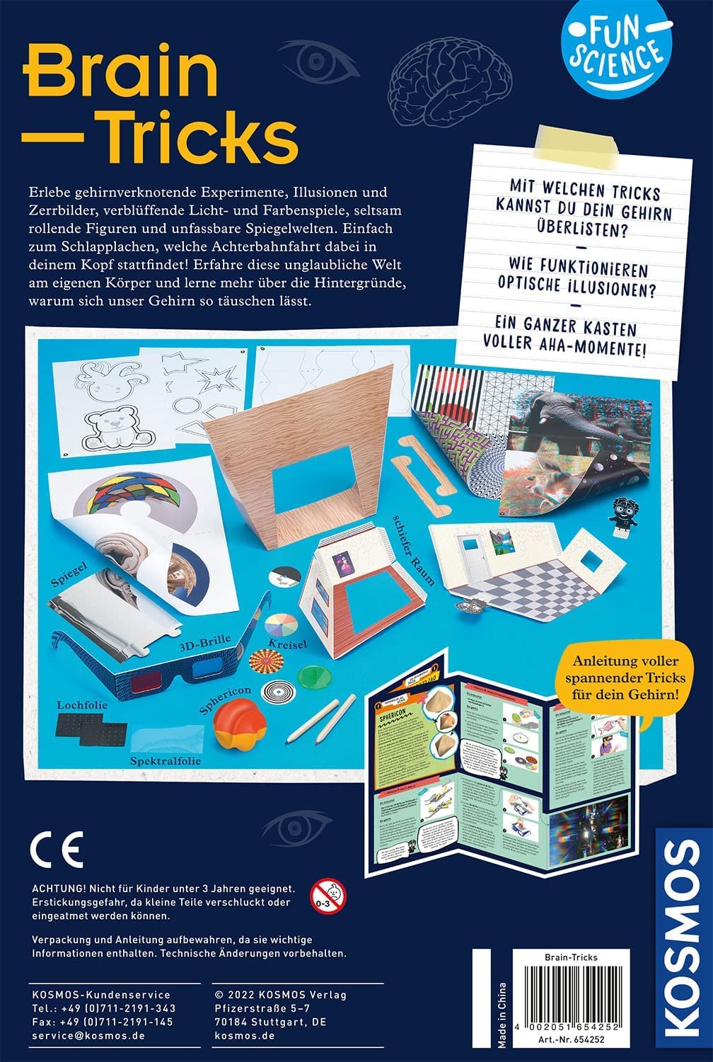 KOSMOS 654252 Fun Science - Brain Tricks, Verblüffende Experimente mit optischen Täuschungen und Illusionen, u. a. mit 3D-Brille, Sphericon, Schiefer Raum, Experimentier-Set für Kinder ab 8-12 Jahre 6