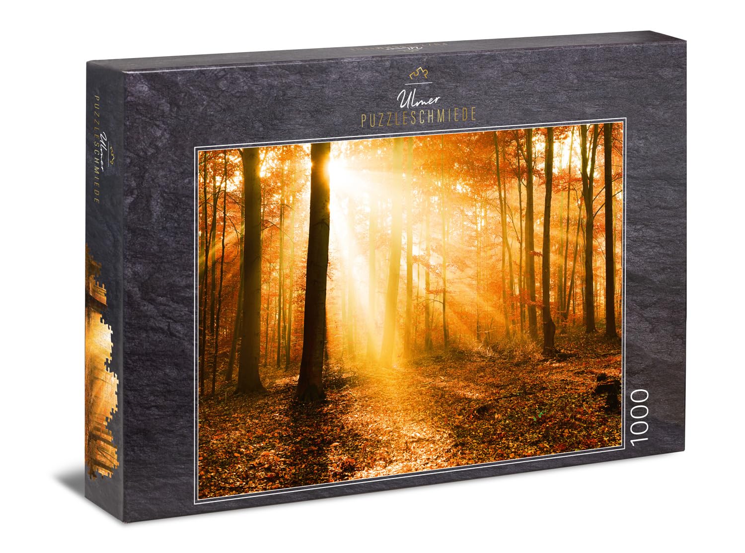Ulmer Puzzleschmiede - Puzzle "Golden autumn forest": 1000 pieces jigsaw puzzle - picturesque autumn with sunlight between the trees in colorful autumn forest