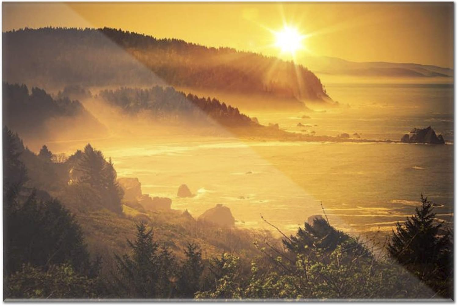Golden California Coastal Sunset with Misty Fog 9016032 (18x12 Acrylic Wall Art Gallery Quality)