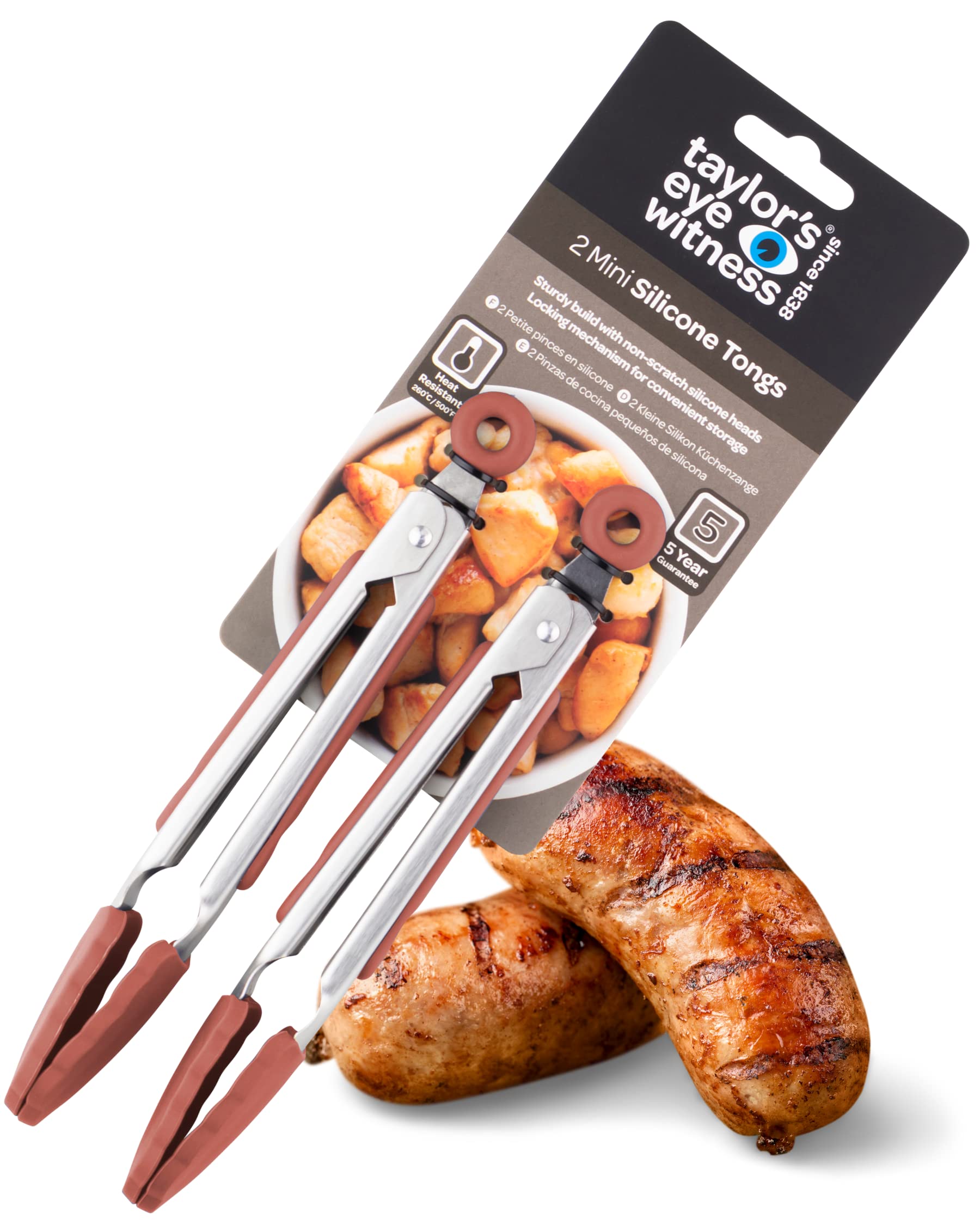 Taylors Eye Witness 2 Small Steel Baked Clay Silicone Tongs - Dishwasher Safe. Sturdy Build, Non-Scratch Heads, Convenient Lock Mechanism. Odour, Stain & Heat Resistant (260°C/500°F). 5 Year Guarantee