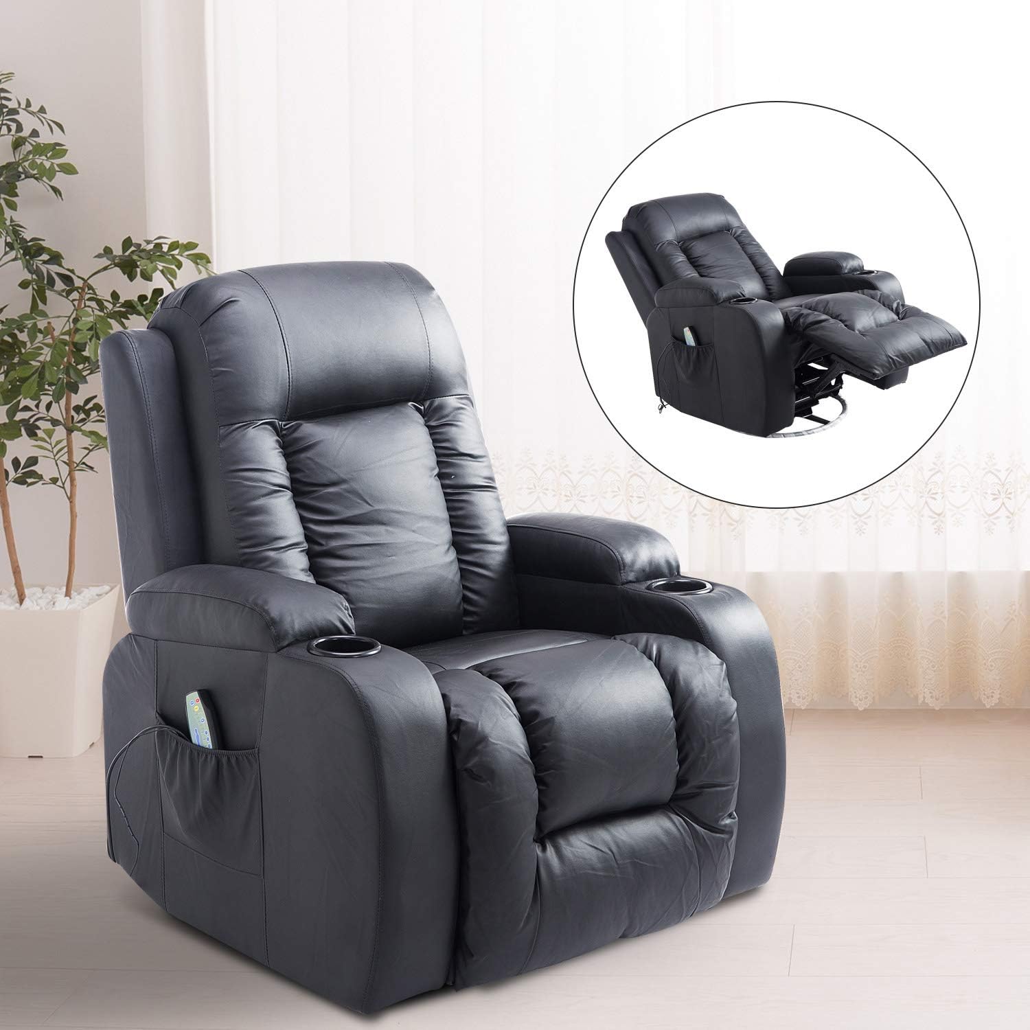 Amazon Com Homcom Massage Recliner Chair Heated Vibrating Pu Leather Ergonomic Lounge 360 Degree Swivel With Remote Black Furniture Decor