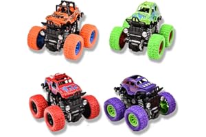 DUYFIOA Monster Trucks for Boys, 4 Pack Pull Back Vehicles Cars for Toddlers, 360° Rotation 4 Wheels Drive Durable Friction Cars Powered Push and Go Toys Truck Playset Gift for 3 4 5 6 7 8 Year Old Kids Girls