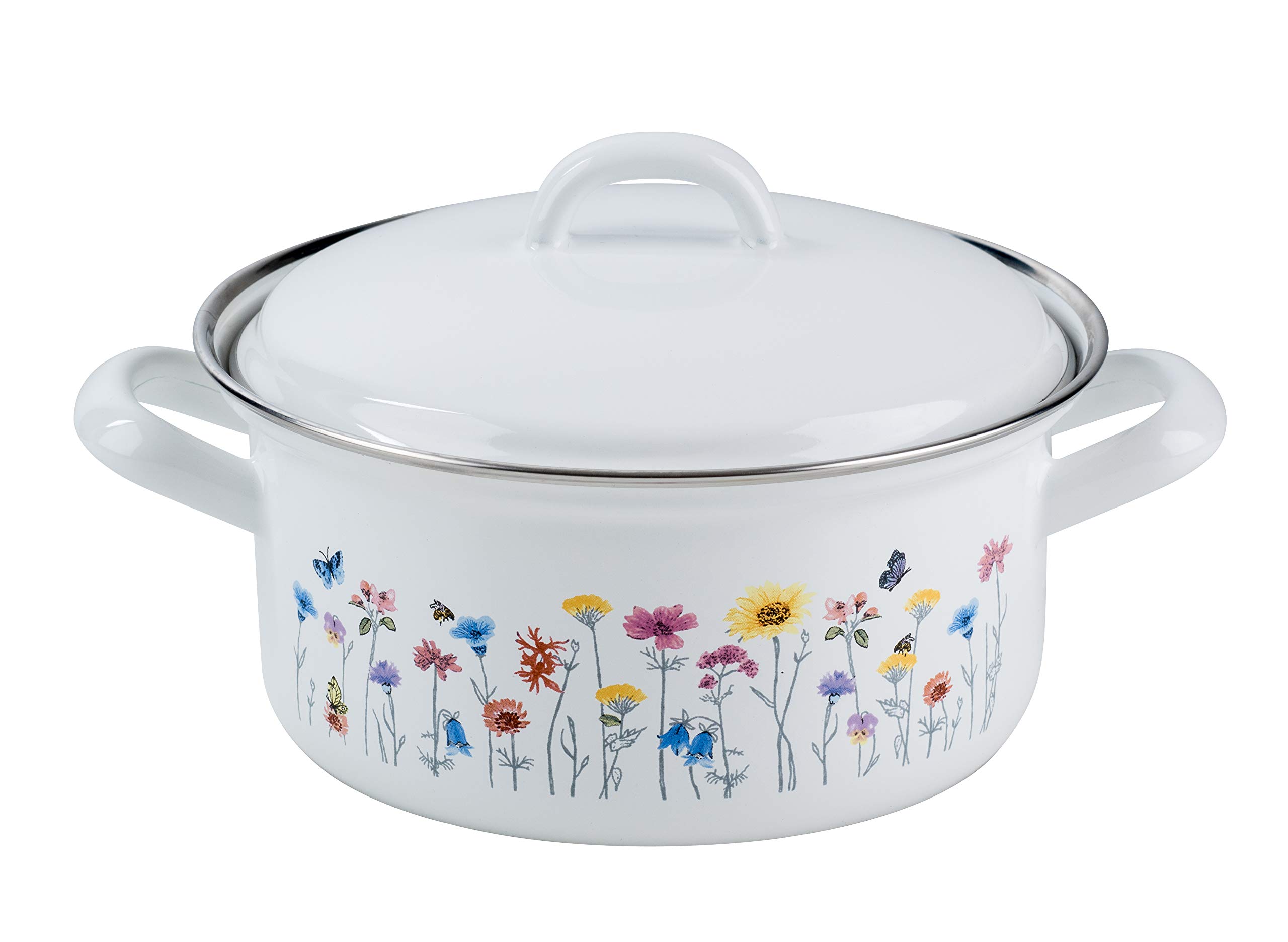 Riess, 0129-070, Casserole with lid, COUNTRY SPECIAL EDITION FLORA, diameter 18 cm, capacity 1,5 litre, height 8,8 cm, enamel, white with flower decoration, induction