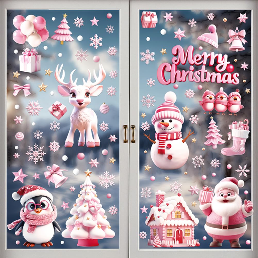 Christmas Window Stickers 9 Sheets Double Side Window Cling Xmas Scene Stickers Window Christmas Decorations for Christmas Window (Pink)