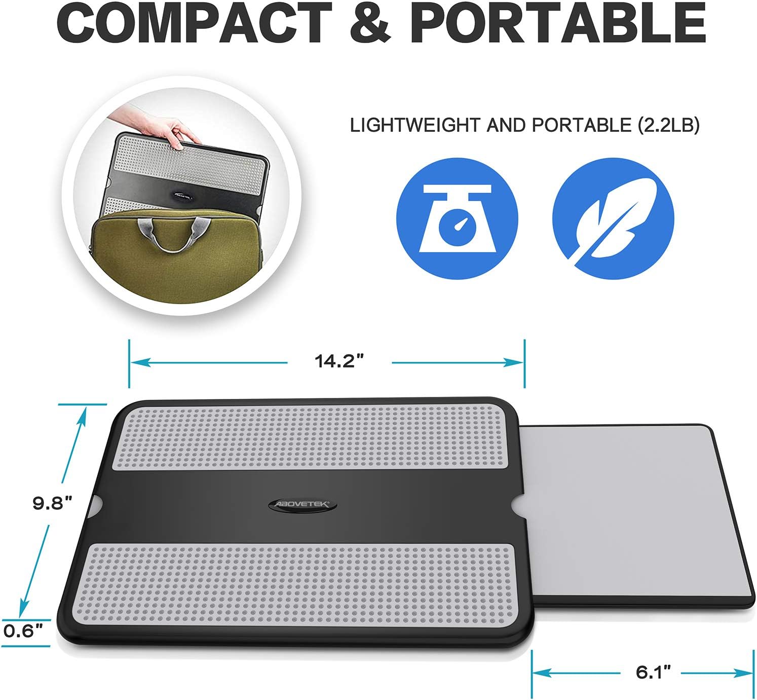 AboveTEK Portable Laptop Lap Desk w/ Retractable Left/Right Mouse Pad Tray, Non-Slip Heat Shield Tablet Notebook Computer Stand Table w/ Sturdy Stable Cooler Work Surface for Bed Sofa Couch or Travel