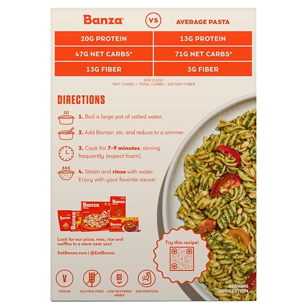 BANZA ROTINI PASTA FROM CHICKPEAS – GLUTEN FREE, HIGH PROTEIN, AND LOWER CARB PROTEIN ROTINI CHICKPEA PASTA – 8OZ