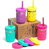 Elk and Friends 10oz Stainless Steel Kids + Toddler Drinking Cups | The Original Mason Jar with Sleeves + Lids | Silicone Straws | Smoothies | Storage Jar | Spill Resistant | Dishwasher Safe | 4 Pack