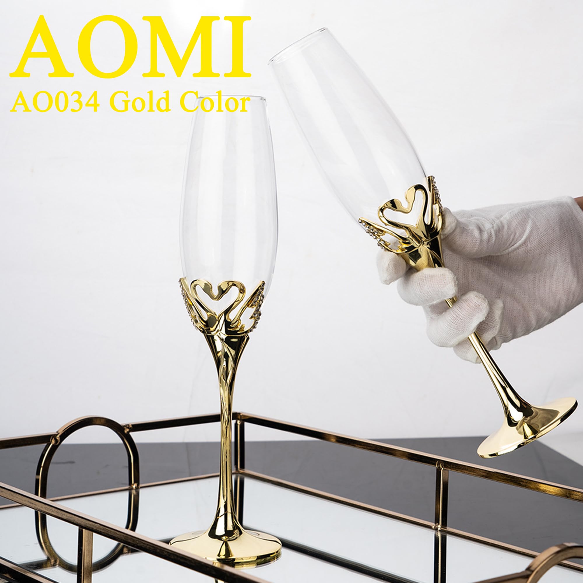 Luxury Champagne Glasses Flutes Set of 2 - Elegant Crystal Gold Lead-Free 8oz Glass Swan-Design Diamond-Accented Heart-shaped Zinc Alloy Base, for Weddings Party Birthday Anniversary Romantic Gifts