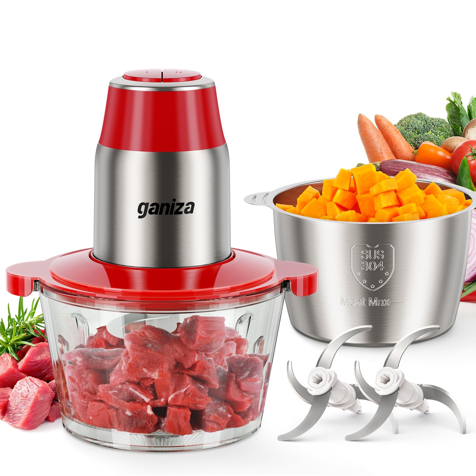 Photo 1 of GANIZA Food Processors, Electric Food Chopper with Meat Grinder & Vegetable Chopper - 2 Bowls (8 Cup+8 Cup) with Powerful 450W Copper Motor - Includes 2 Sets of Bi-Level Blades (Red)
