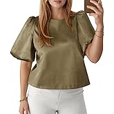 Tankaneo Womens Satin Silk Blouses Puff Short Sleeve Dressy Casual Tops Loose Fit Crew Neck Cropped Shirts