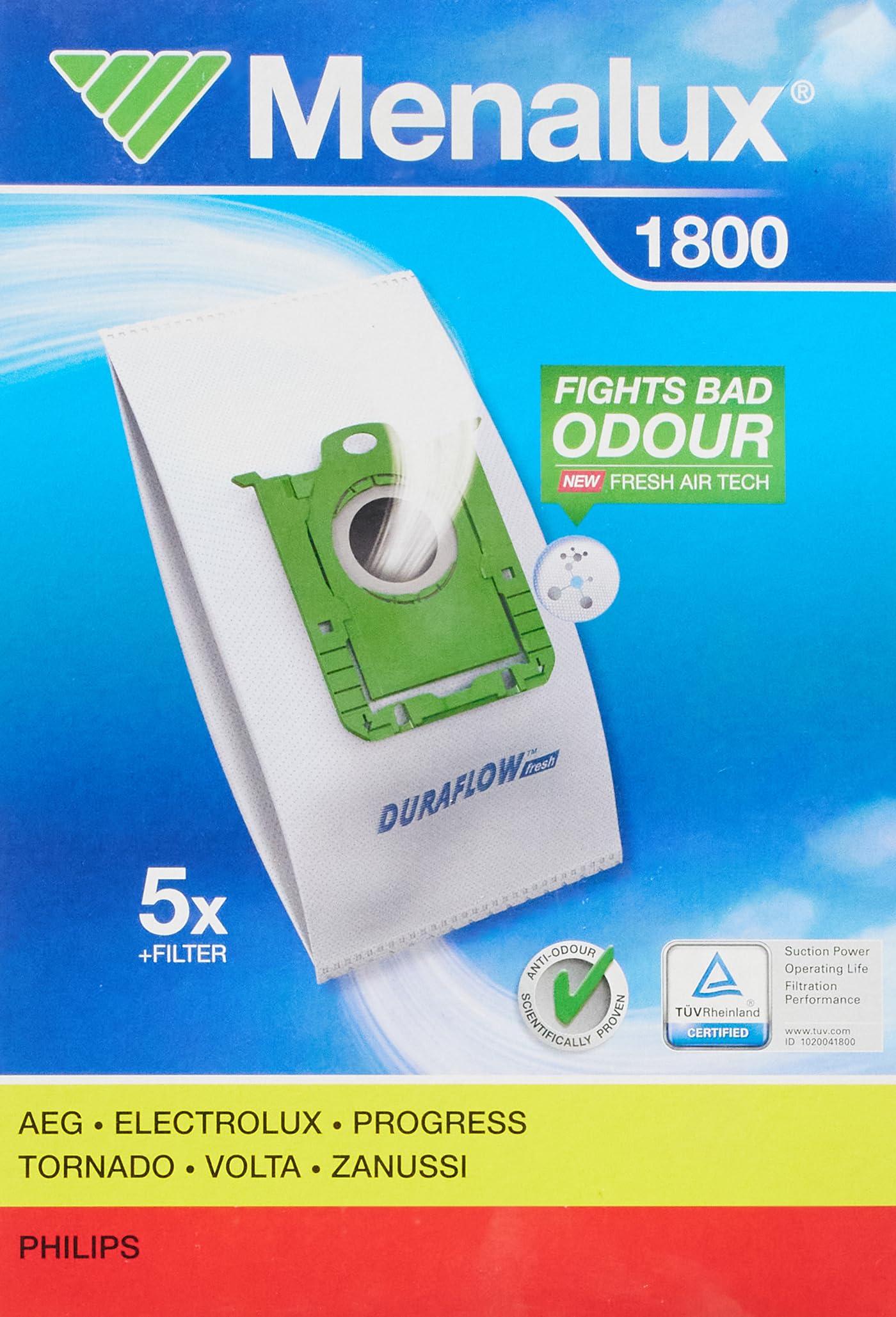 Menalux 1800, 5 Vacuum Cleaner Bags, Duraflow Fresh with Anti-Odour, Suitable for s-Bag, UltraSilencer, ClassicSilence, ASP 71, APF 61, Essensio, ErgoClassic, US, ACS, AEO, AP