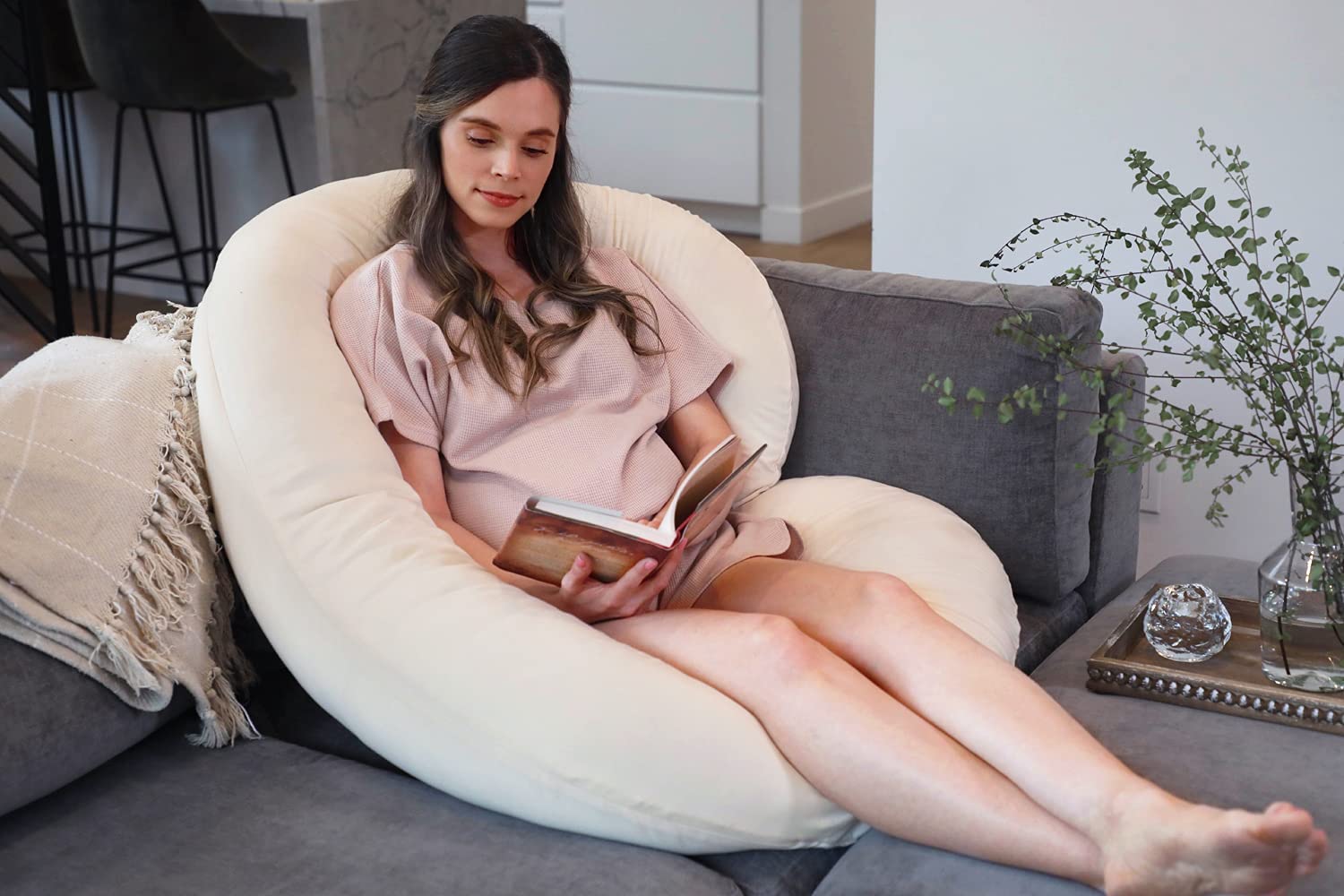 Pharmedoc Pregnancy Pillows, C-Shape Full Body Pillow – Organic Cotton Cover Beige – Pregnancy Pillows for Sleeping – Body Pillows for Adults, Maternity Pillow and Pregnancy Must Haves, New Mom Gifts